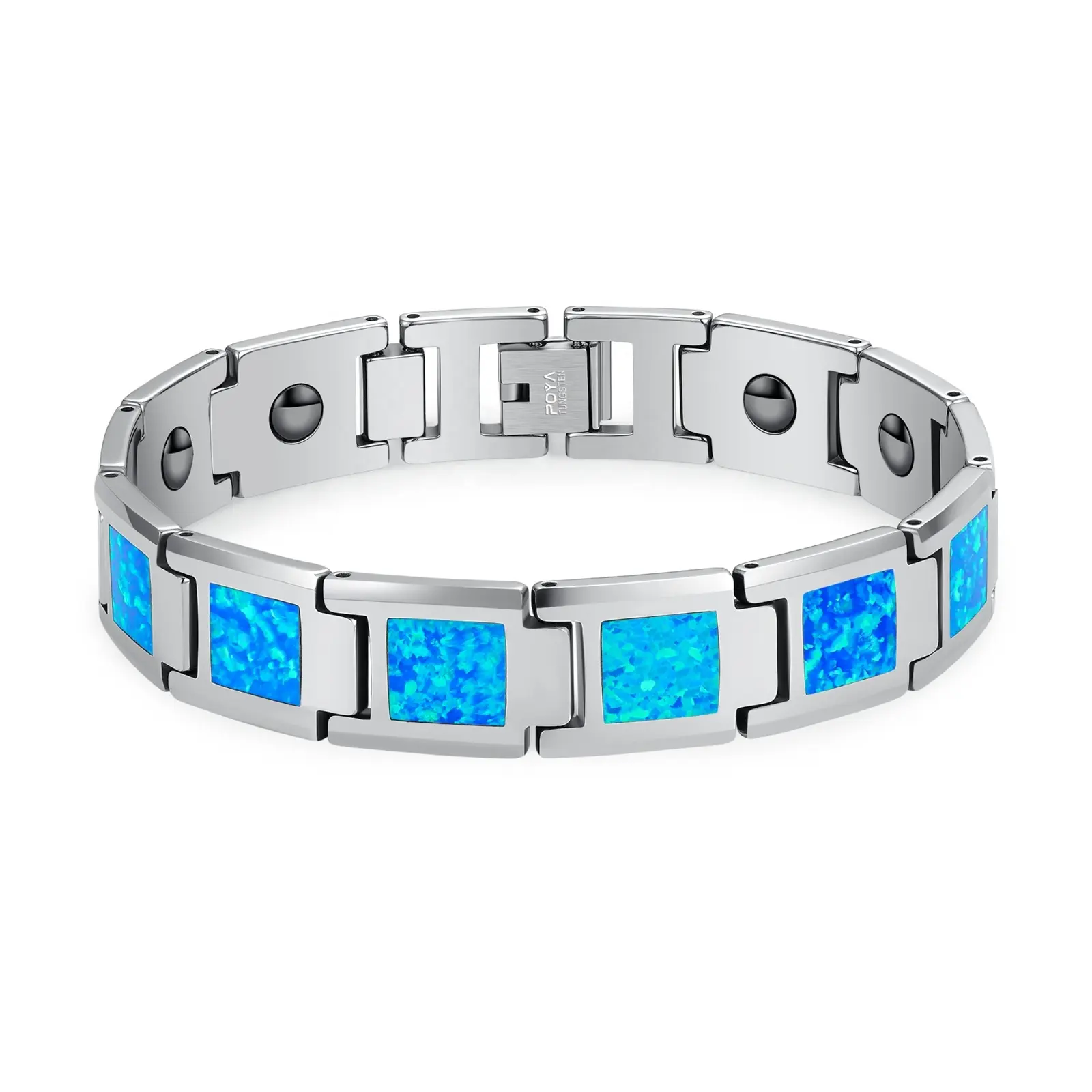 Poya – bijoux de thérapie de santé, incrustation opale bleue naturelle, Bracelet magnétique en carbure de tungstène pour femmes