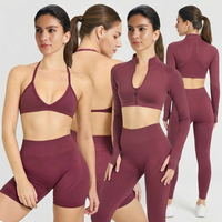 YNSEA OEM Ensemble 4 pièces : Veste courte à manches longues, Soutien-gorge dos nu, Short push-up froncé, Leggings – Tenue de sport et d'entraînement