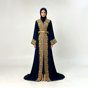 Abaya longue pour femme, style Moyen-Orient, col en V, manches longues, brodée or, bleu marine, ample, en rayonne anti-boulochage, pour mariage - Product Image 1