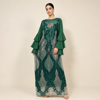 Robe de soirée élégante brodée de sequins floraux pour femme, manches longues, volants, maxi, verte, Abaya Kaftan, tenue de fête modeste musulmane
