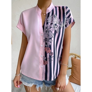 New Double Spell Color Collision Floral Button <b>Cardigan</b> Women's <b>Short</b> <b>Sleeve</b> Shirt Tops Blouse Clothing Fashion - Product Image 2