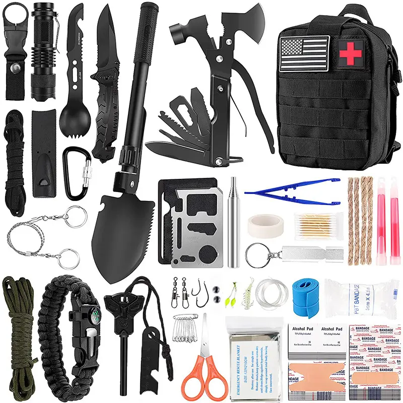 Trousse de premiers soins pour kit de survie d'urgence chaude, équipement de survie professionnel 142 pièces avec pochette pour camping aventure en plein air