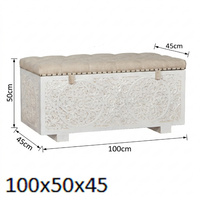 Banc de rangement sculpté à la main - Banc de bout de lit en tissu capitonné - Coffre de rangement en bois massif blanc patiné - Style shabby chic sculpté