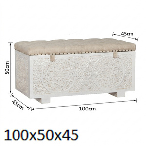 Hand-Carved Storage Ottoman Bench -Tufted Fabric Top Bed- End Chest- White Washed Solid Wood Entryway Trunk - Shabby Chic Carved - Product Image 4