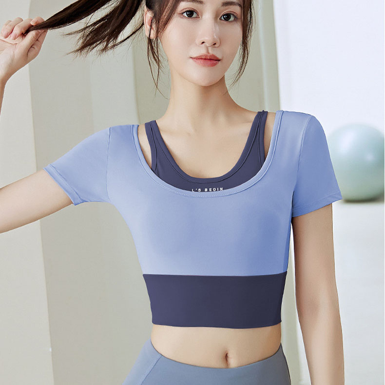 Two Piece High Stretch Yoga Short Top Women Short Sleeve with Chest Pad Fitness Tight Yoga T-Shirt