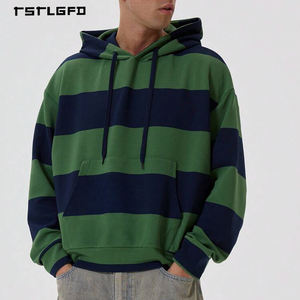 Sweat à capuche rétro à larges rayures avec poche kangourou et cordon de serrage en vert bleu marine, style streetwear, vente en gros - Product Image 1