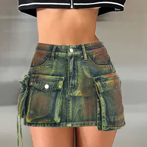 Peeqi KJ02422 new sexy fashion women's mini skirt denim tie-dye patchwork asymmetrical pocket zipper denim skirt streetwear