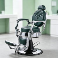 Fauteuil de barbier robuste vert, dossier rond avec surpiqûres géométriques, accoudoirs cantilever chromés et base noire.