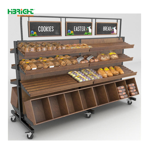 Estante de exhibición de pan de varios niveles Highbright con diseño de veta de madera y contenedores de almacenamiento divididos para supermercado - Product Image 2