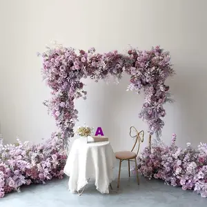Lengkungan pernikahan ungu Lavender dengan bunga putih latar belakang lengkungan Swag sudut elegan untuk Gazebo atau dekorasi tempat