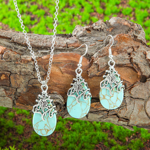 Parures de bijoux vintage en forme de goutte d'eau, pierre turquoise, collier et boucles d'oreilles plaqués argent 925 pour femmes, à porter au quotidien - Product Image 4