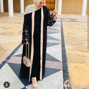Dark Black Match Beige Hot Sell Muslim Women Open Abaya With Floral Lace Middle East Long Robe <b>Cardigan</b> for Ramadan 1502# - Product Image 3