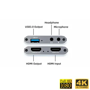 Fjgear Kartu Penangkap Video Capturadora 4K HDMI, Perangkat Streaming Perekam Video 1080P Usb3.0 HD dengan Loop Out/Audio/Mikrofon