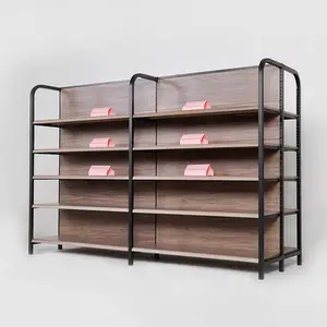 4 Kolom Vintage Bruin Hout Patroon Gedrukt Staal Kruidenier Planken Metalen Display Supermarkt Rack