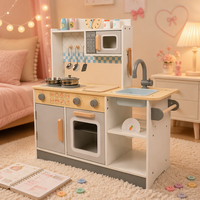 Set Mainan Dapur Kayu dengan Microwave, Wastafel, Keran, Jam, dan Peralatan Masak, Dilengkapi Tempat Penyimpanan untuk Balita