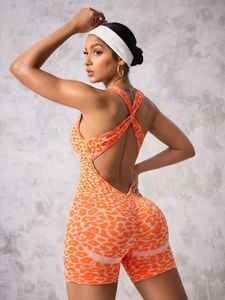 Body de moda para mujer sin mangas con estampado de leopardo, espalda cruzada, efecto levantacola, secado rápido, cuello redondo, diseño hueco, largo hasta la rodilla, para gimnasio y deportes - Product Image 6