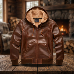 Chaqueta de Cuero Marrón para Hombre, con Capucha, Forro Polar, Resistente al Viento, Estilo Motero, para Invierno, Corte Regular, Color Sólido - Product Image 3