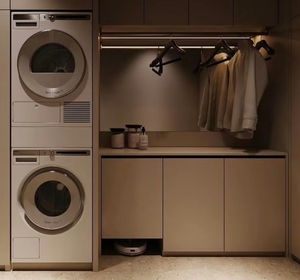 洗濯室収納家具用の吊り下げ棒付きカスタム一体型壁掛け積み重ね式ランドリーキャビネット - Product Image 5