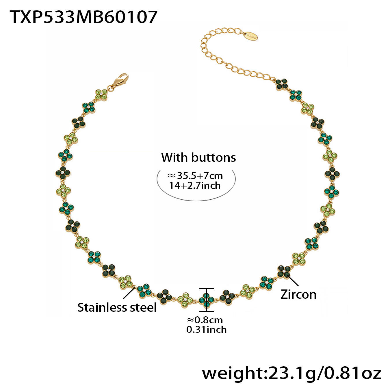 Txp533-collier zircon vert 355 7cm