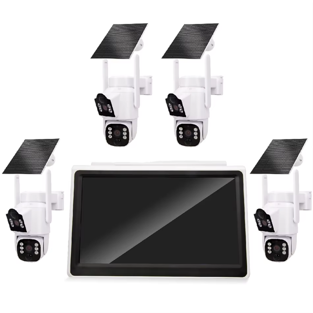 Dual Lens 4MP Solar Powered Security Camera with Wide Angle Night Vision Motion Detection CMOS Two-Way Audio Outdoor SD Card
