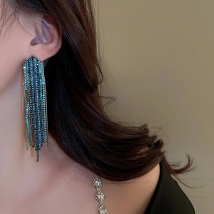Xina-pendientes largos con borlas para mujer, aretes colgantes con diamantes de imitación azules y negros, accesorios de joyería - Product Image 3
