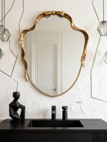 Miroir de salle de bain mural en bois de style rétro européen, forme extraterrestre, avec lampe LED tactile, miroir de maquillage pour entrée