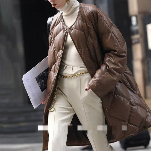 3281 New Release Product 2025 Lightweight Rhomboid Pattern Long Down Coats Sheepskin Leather Goose Down Jackets for Women