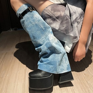 Large Size 46 Wide Fit Buckles Overlay Shoes Women High Block Heels Knee High Platform <b>Boots</b> Folded Over Denim Long Booties - Product Image 5
