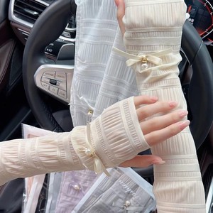 Mangas de seda helada para mujer con lazo de perlas, protección UV para ciclismo y conducción, tono piel rosa, blanco, morado, gris, negro - Product Image 2
