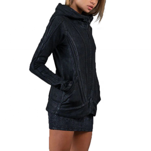 Femmes rétro Vintage décontracté solide à capuche veste <span class=keywords><strong>noir</strong></span> ciré fermeture éclair Long manteau d'hiver automne automne délavé à l'acide - Product Image 3