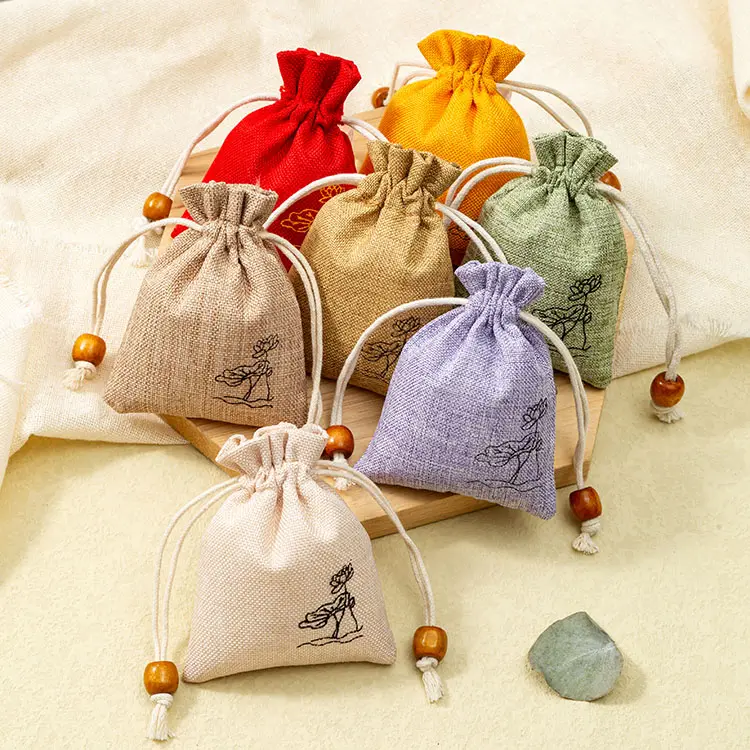 밝은 색 삼베 황마 가방 졸라매는 끈 보석 패키지 작은 선물 가방 웨딩 포장