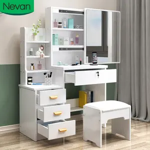 Mobilier de Maison Coiffeuse Nordique Blanche en Bois pour Femmes avec Miroir, Tiroirs LED, Boîte de Rangement, Commodité de Chambre à Coucher, Vente en Gros à Bas Prix - Product Image 1