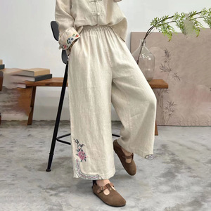 Cotton Linen Cropped Pants Wide Leg Embroidered Pink Loose Fit Casual Women's Pants Breathable Summer Style - Product Image 3