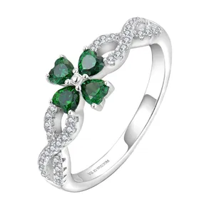 YILUN 925 Sterling Silver Emerald CZ Clover Ring Classic Rhodium Plated Lucky Charm Ring for Women