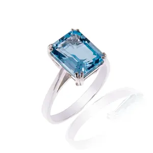 Wholesale natural gemstone rings fashion jewelry custom 925 sterling silver square blue topaz ring for women