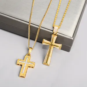 Collar con colgante de cruz de Jesús para hombres, joyería religiosa de acero inoxidable de alta calidad, circonia de cristal