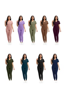 Conjuntos de <span class=keywords><strong>pijama</strong></span> elástico cepillado ropa de mano cuello en V manga corta Hospital enfermera traje hombres Tejido estilo coreano ropa de mano - Product Image 2