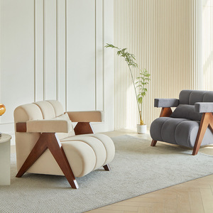 Moderno salón Hotel nórdico Boucle Accent sofá silla diseñador sillón roble nogal madera de Fresno cuero sillón - Product Image 3