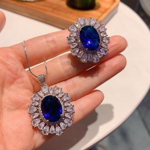 Vintage Eco-friendly Gold Plated Copper 12*16mm Blue Zircon Pendant Necklace/Earrings Ring Set Heavy Wedding Jewelry Women Party - Product Image 1