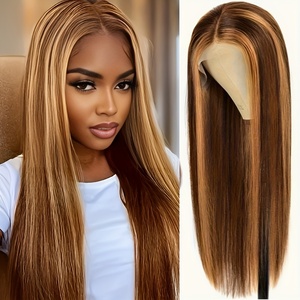 Perruque longue pour femmes, style européen et américain, très vendue, en fibre synthétique haute température, avec dentelle frontale, couleur piano, raie au milieu - Product Image 3
