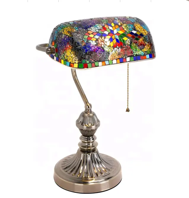 Artdecolite Tiffany Stained Glass Lamp Turkish Mosaic Reading Lamps Blue Shade Pulling Chain Switch Banker Desk Lamp
