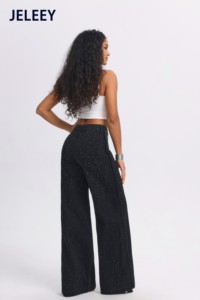 JELEEEY Pantaloni in denim da donna a vita alta e gamba larga con motivo a pois con paillettes, vestibilità ampia, lunghezza intera, jeans casual estivi - Product Image 2