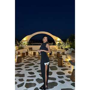 Robe de soirée longue noire coupe trapèze avec nœud, taille empire, col montant, style formel, longueur ras du sol, pour demoiselle d'honneur ou mariée, taille XS - Product Image 3