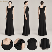 Robe longue noire à col carré pour femme, corsage plissé, épaules à volants, soirée, personnalisable OEM, marque privée