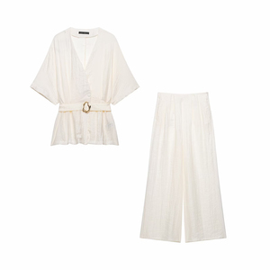 Conjunto de Camisa con Cinturón y Pantalones Anchos Plisados para <span class=keywords><strong>Mujer</strong></span>, Modelo 2026, Traje de Oficina de Dos Piezas con Detalle en la Cintura, Fabricación OEM - Product Image 1