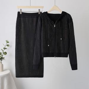 Nouveau brillant strass perceuse 2 pièces <span class=keywords><strong>ensemble</strong></span> mode à manches longues fermeture éclair Cardigan pull à capuche et <span class=keywords><strong>jupe</strong></span> droite tricotée <span class=keywords><strong>ensemble</strong></span> - Product Image 6
