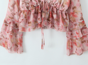 Camicetta da Donna Rosa con Scollo a V, Allacciatura, Stampa Floreale, <span class=keywords><strong>Volant</strong></span> a Strati, Maniche Lunghe, Casual e alla Moda - Product Image 5