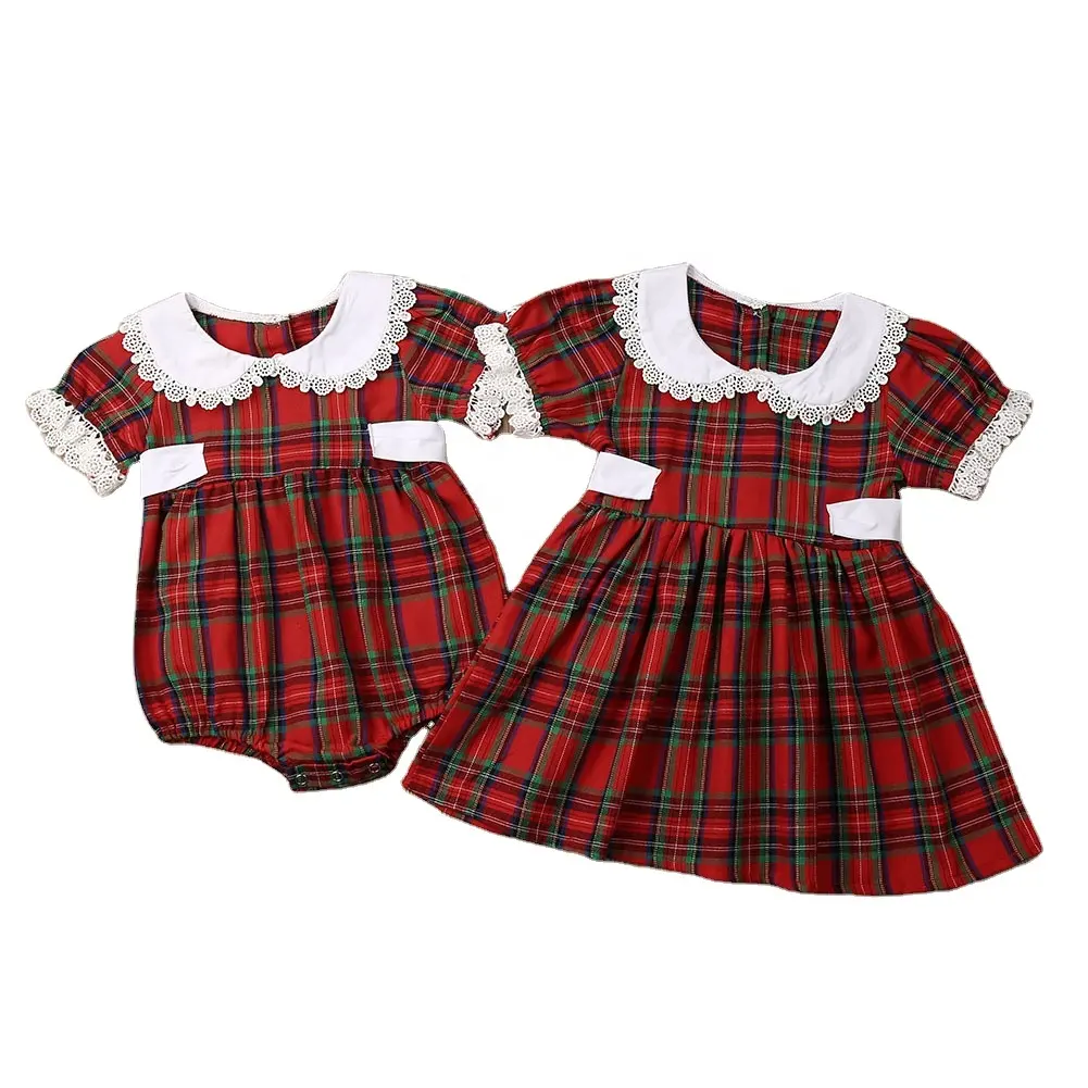 Christmas Tartan Dressing Gown flannel night dress lace rompers sets Baby girls nightgown