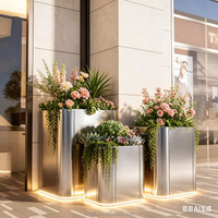 H048 Vase Moderne Personnalisable en Acier Inoxydable, Jardinière LED, Décoration Artistique Commerciale, Artisanat Métallique pour Jardin de Toit d'Hôtel