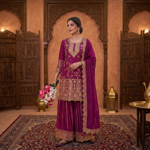 Lanzamiento de un nuevo conjunto de fiesta de diseñador: top, sharara, plazzo y dupatta. - Product Image 1